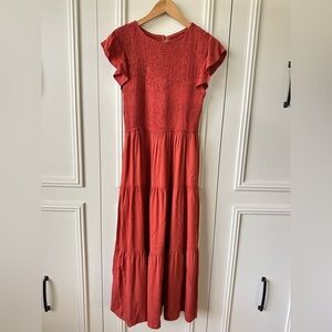 Zesica Smocked Bodice Flutter Sleeve Midi Dress Burnt Orange/Rust Size S
